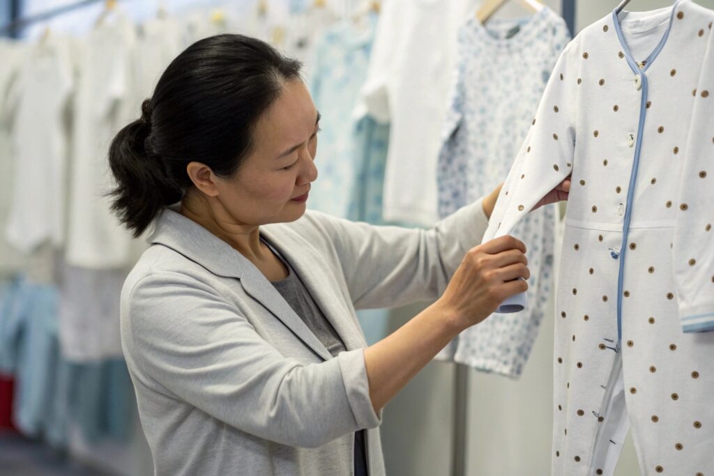 Professional Chinese women examining a set of babywear