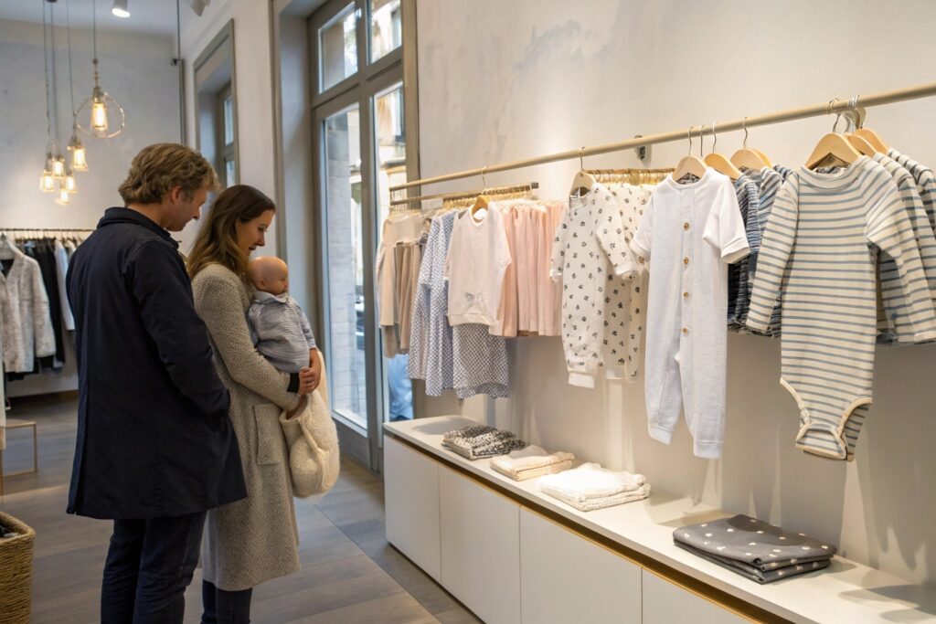 Family shopping for baby clothes at a boutique