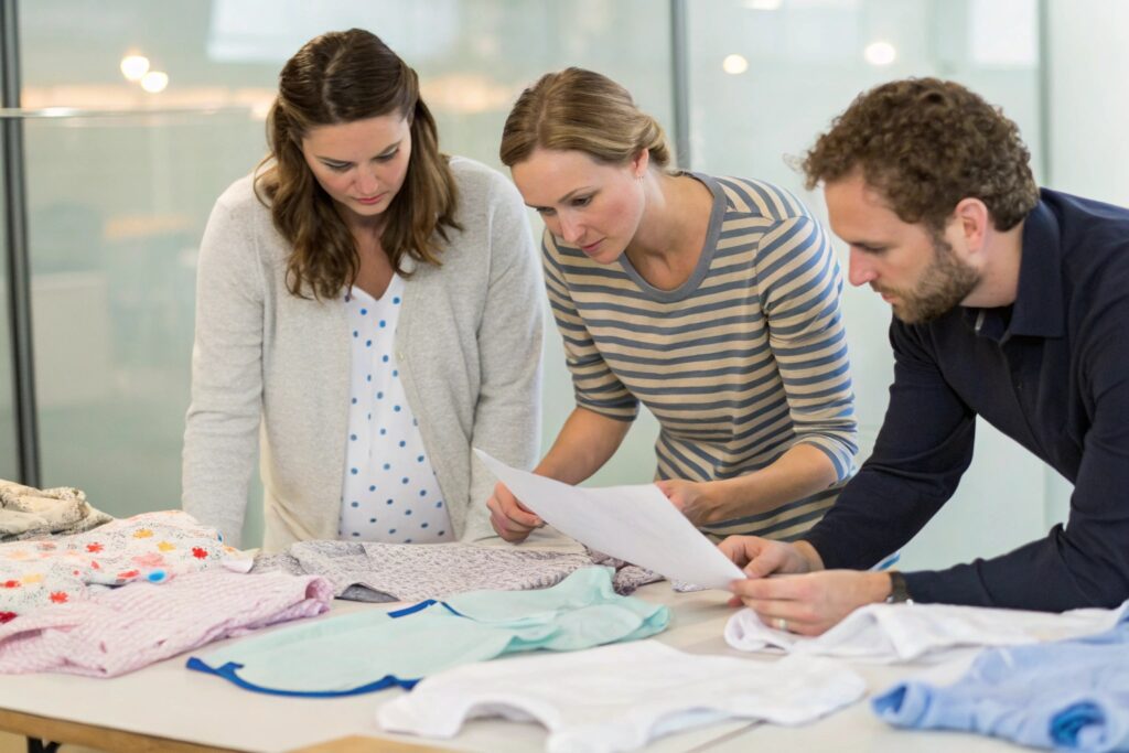 A team brainstorming and reviewing babywear designs