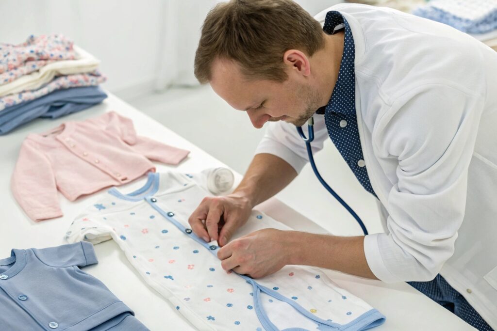Technician inspecting babywear with buttons and labels for quality