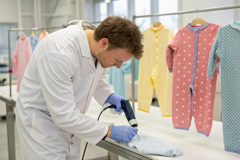 Technician performing a lab test to measure the fabric quality