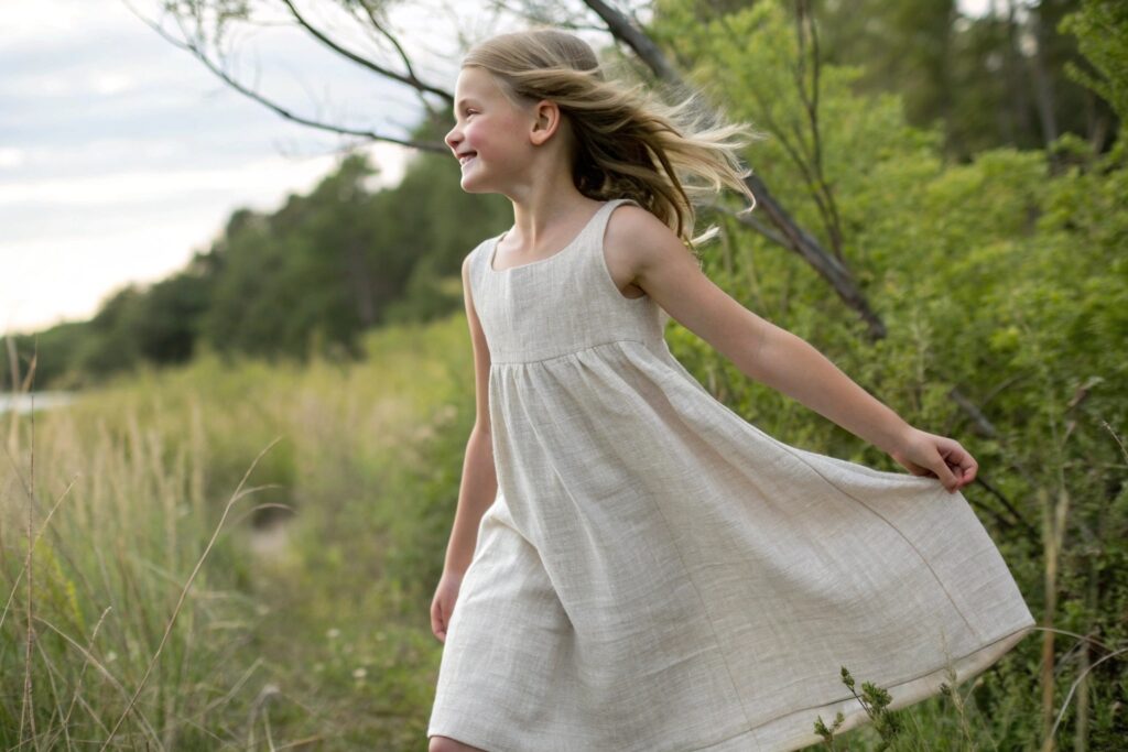 Young European girl wearing a linen blend dress outdoors