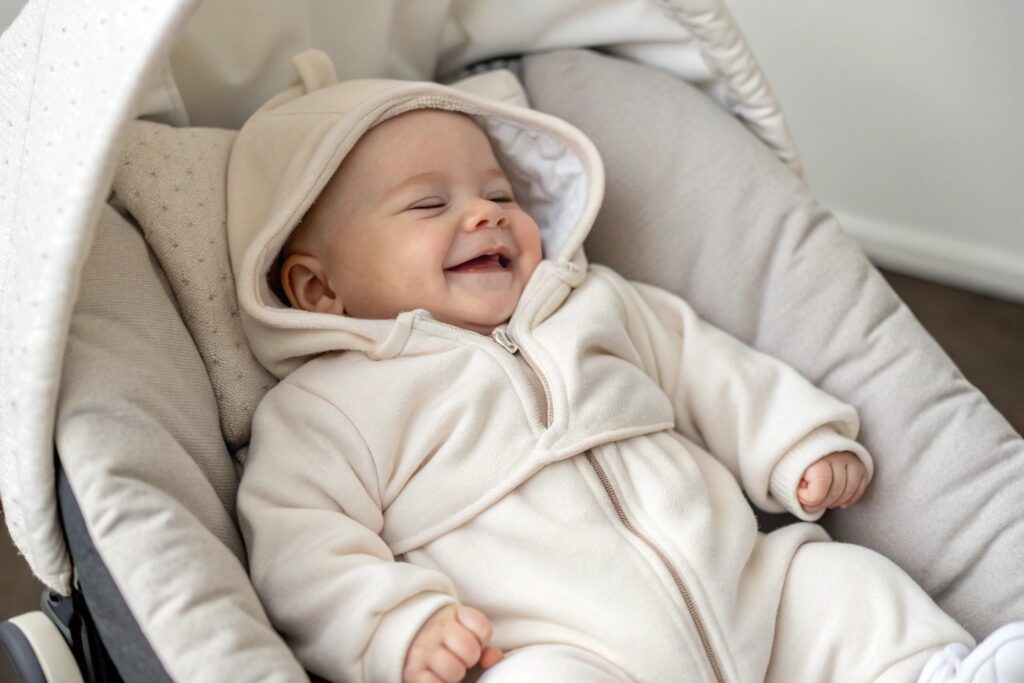 Baby comfortably wearing a warm white outfit