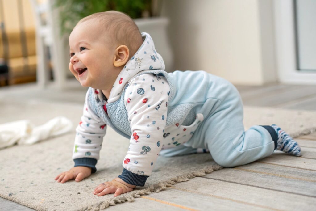 Baby happily crawling in blue outfit