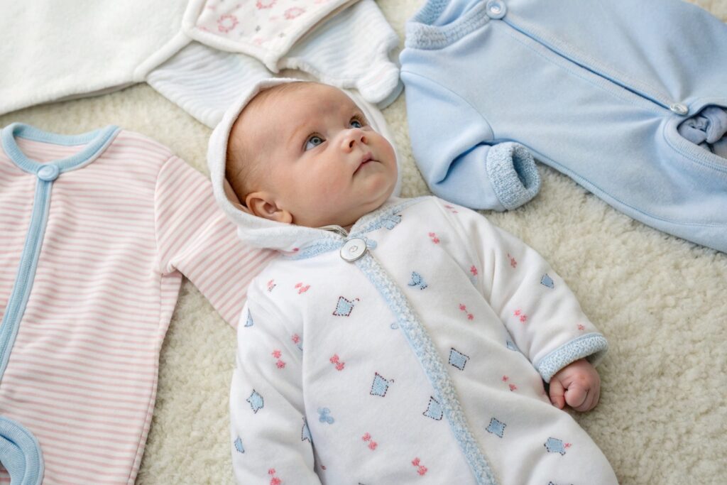 Baby lying in a soft onesie surrounded by clothing