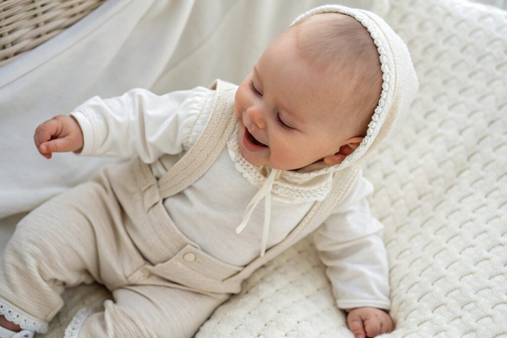 Baby wearing a soft outfit, smiling