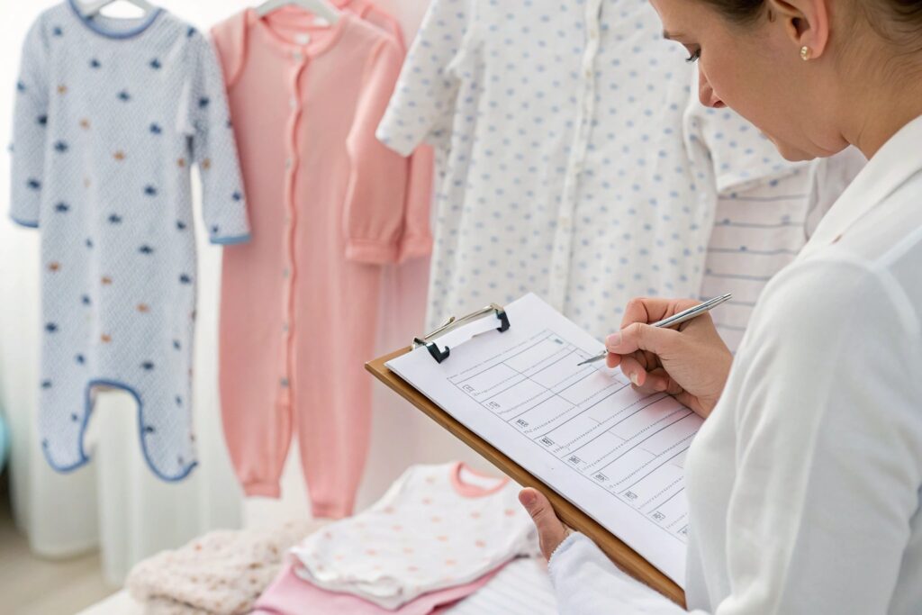 A brand owner carefully reviewing children's clothing quality