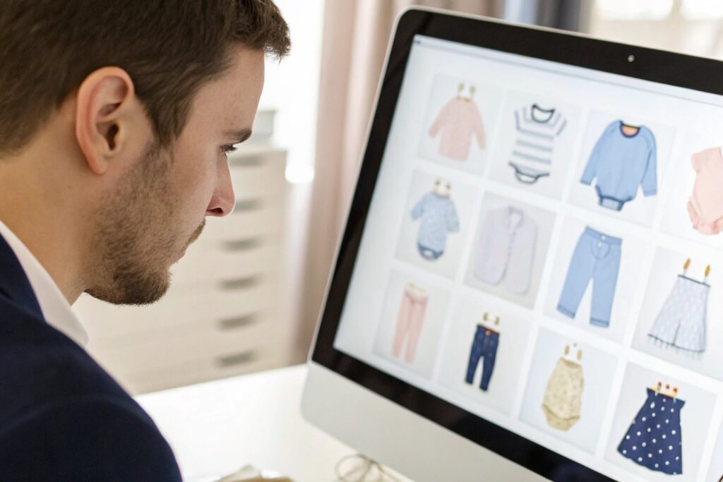 Business buyer navigating a babywear catalog