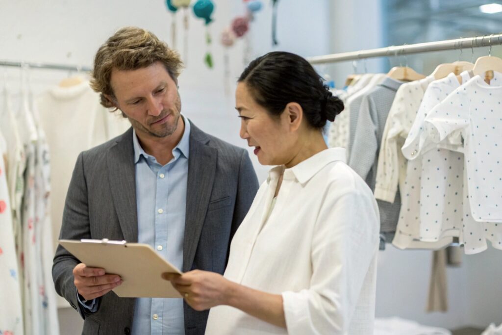 Business owner discussing fabric details with supplier