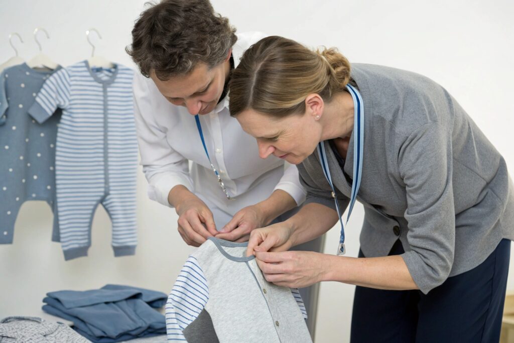 Business owner and quality inspector checking garment details for kidswear