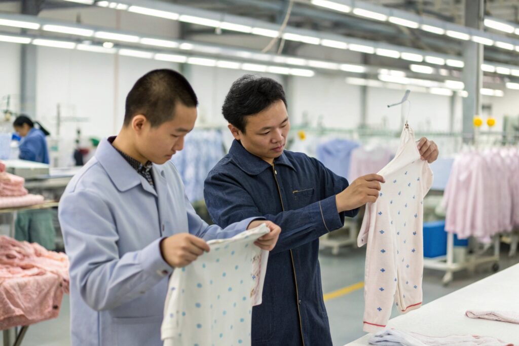 Business owners inspecting clothing in a factory
