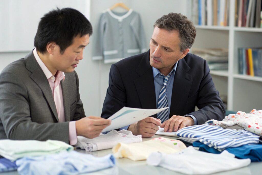 Business owner and customs expert discussing product details