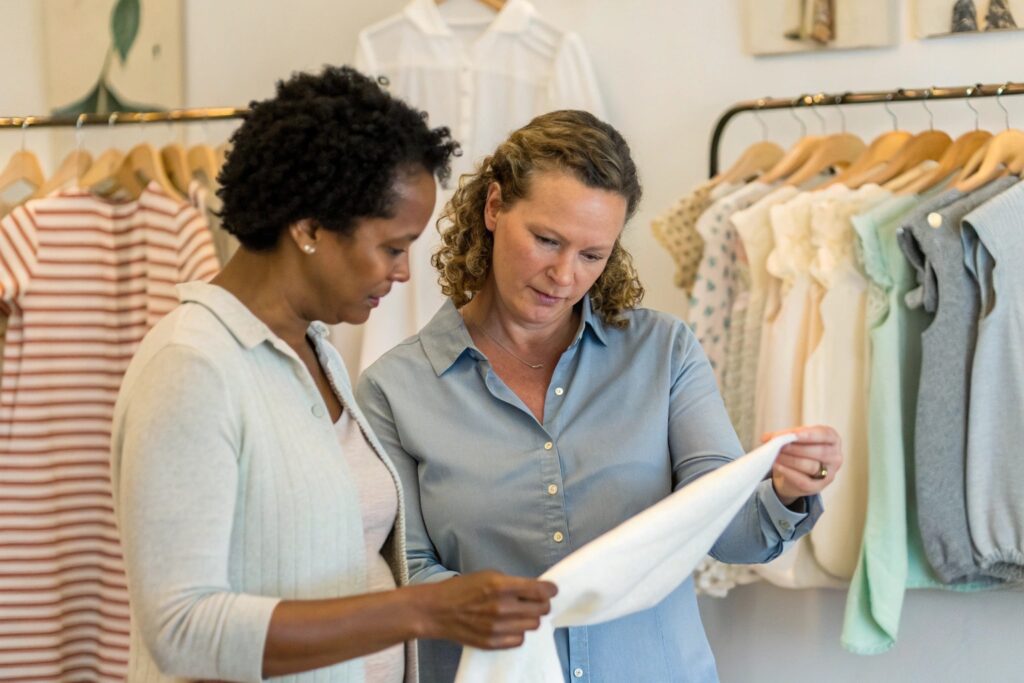Business owner and fabric expert reviewing clothing