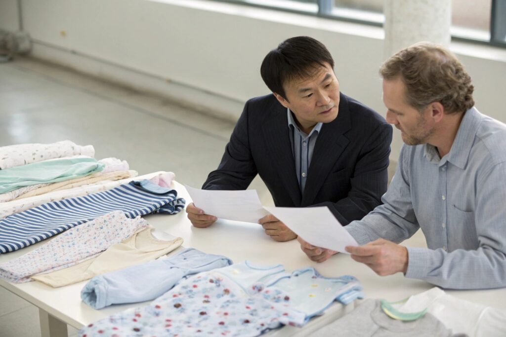 Business owner and factory representative discussing designs