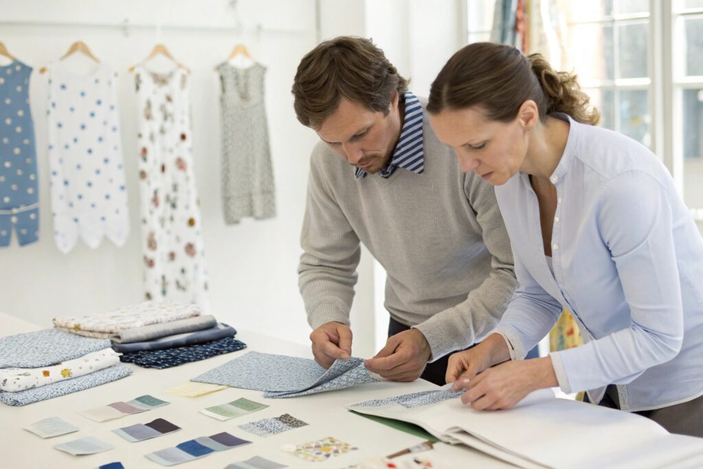 Business owner and manufacturer reviewing fabric samples