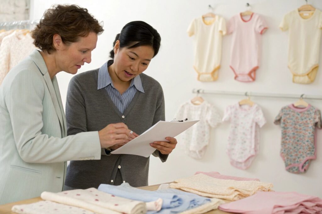 Business owner and trade consultant reviewing paperwork