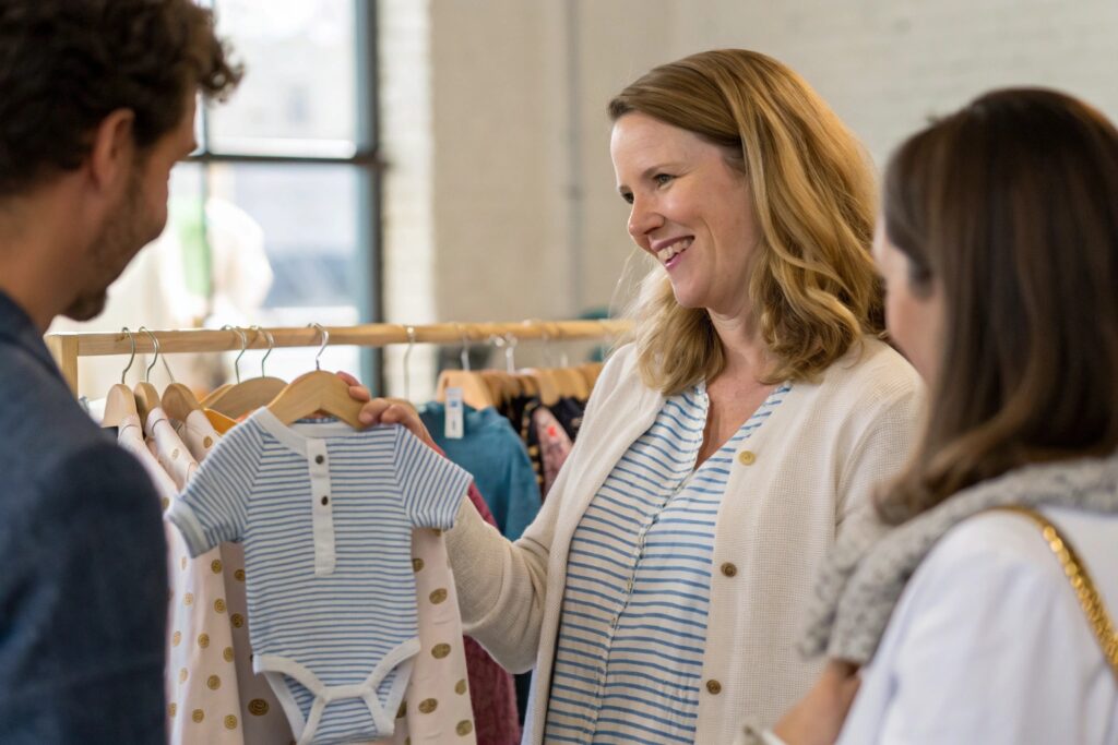 Business owner at a local event reviewing striped baby bodysuit