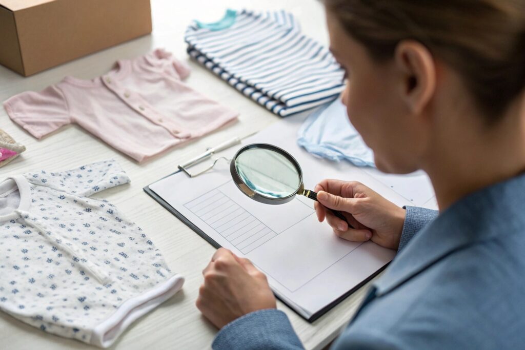 Business owner reviewing children's clothing samples