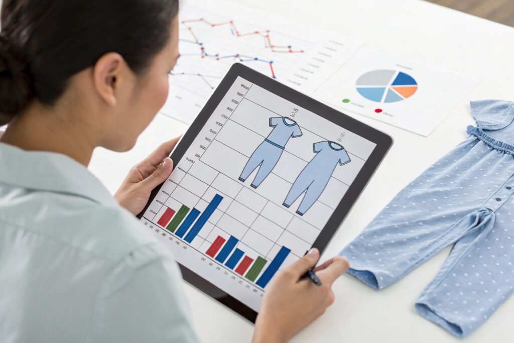 Business owner comparing tariff data for clothing production