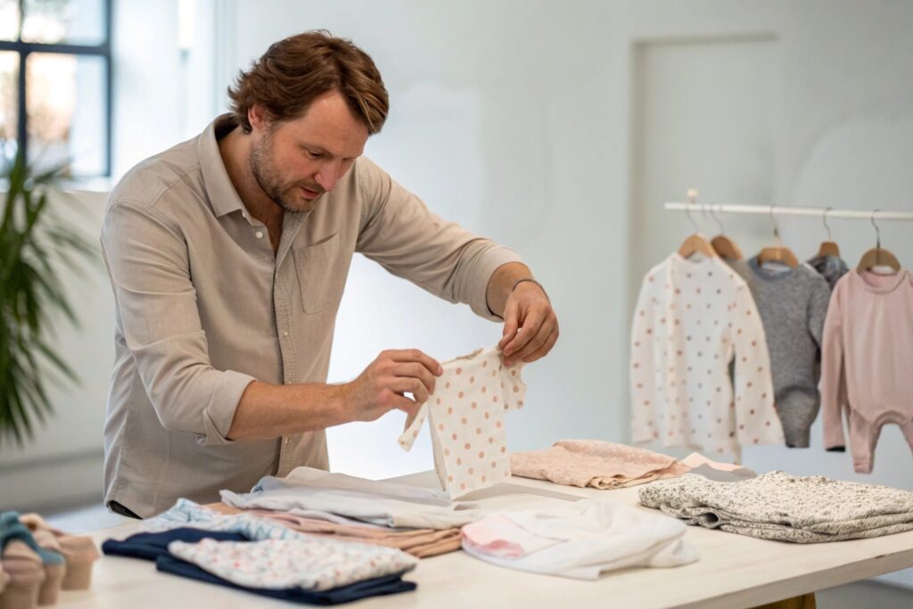 Business owner organizing baby clothing collection