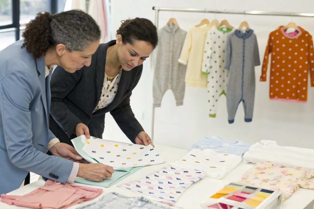 Business owners discussing kids' clothing design and fabric patterns