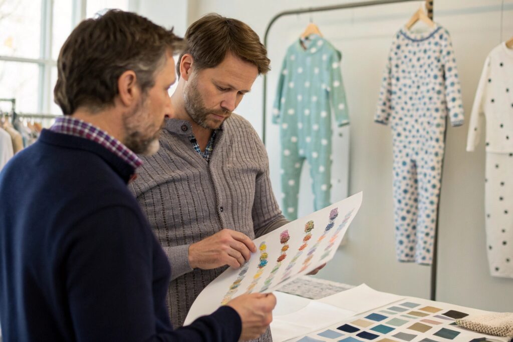 Business owners discussing pattern designs for children's clothing