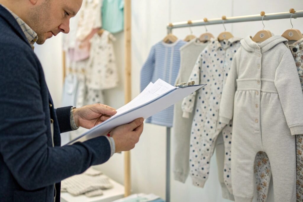 Man reviewing baby clothing samples and checklist