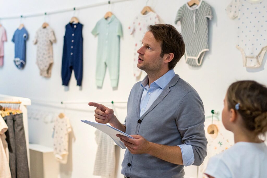Business owner explaining the details of baby clothing