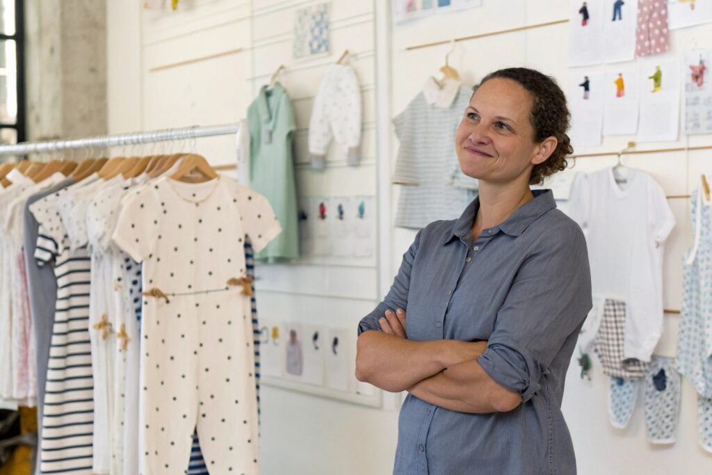 Business owner managing inventory in children's clothing factory