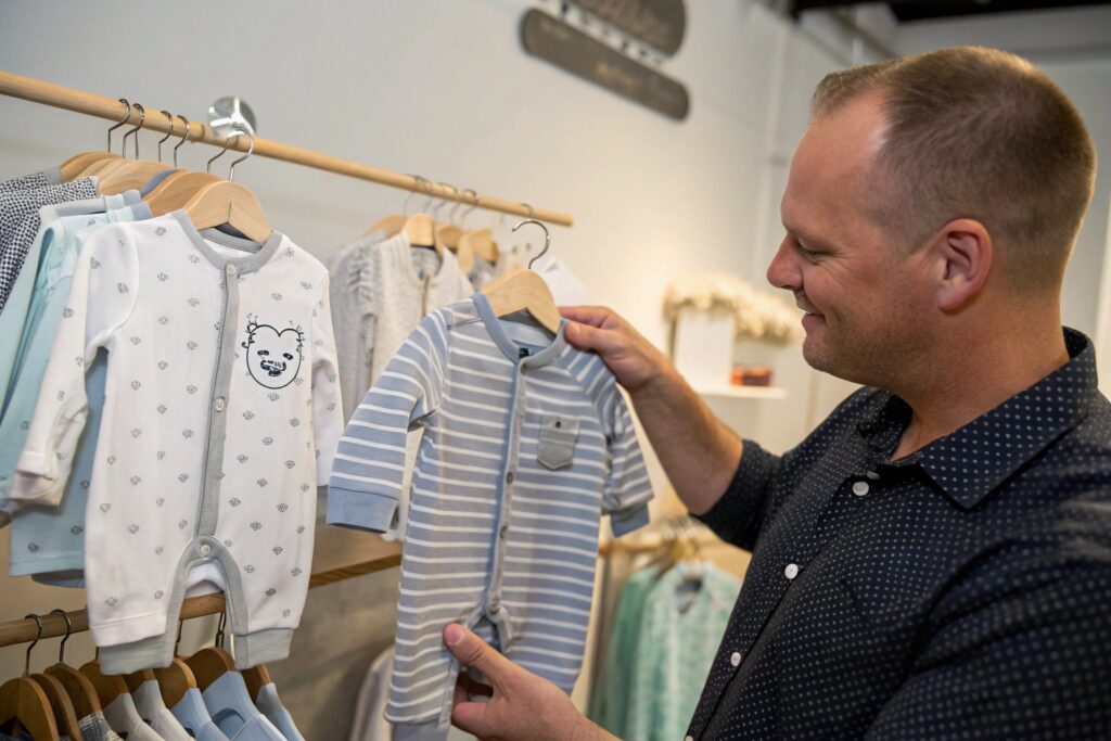 Business owner selecting children's clothing design