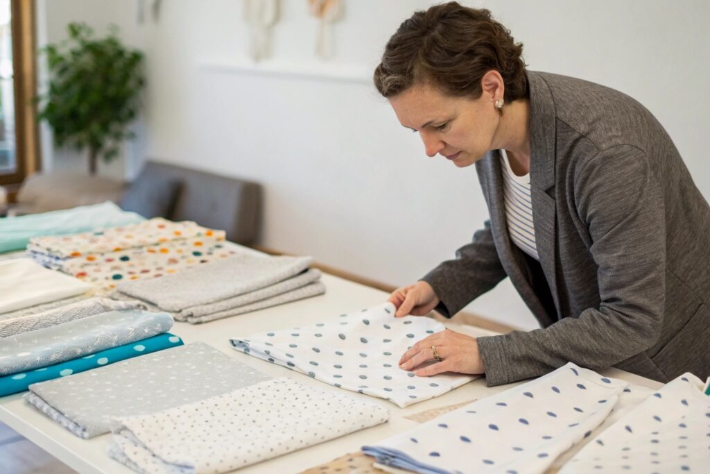 Designer reviewing fabric samples for kids' clothing