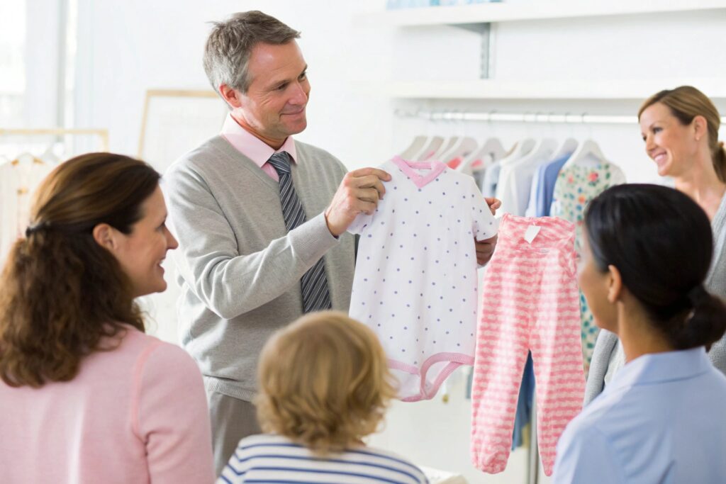 Business owner presenting children's clothing to a group