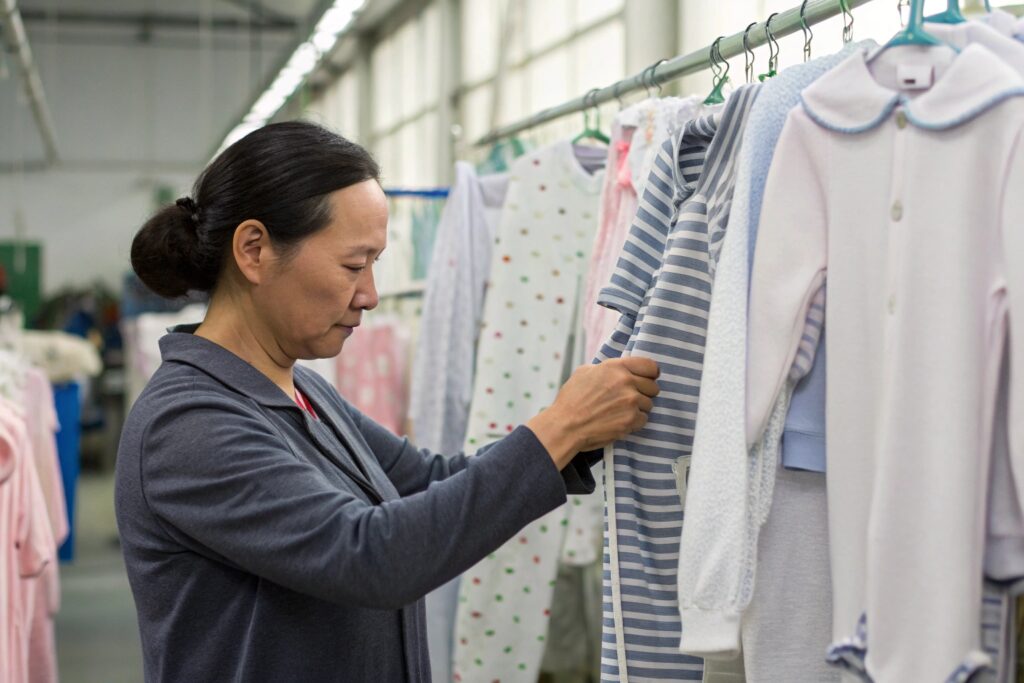 Business owner reviewing a batch of clothing