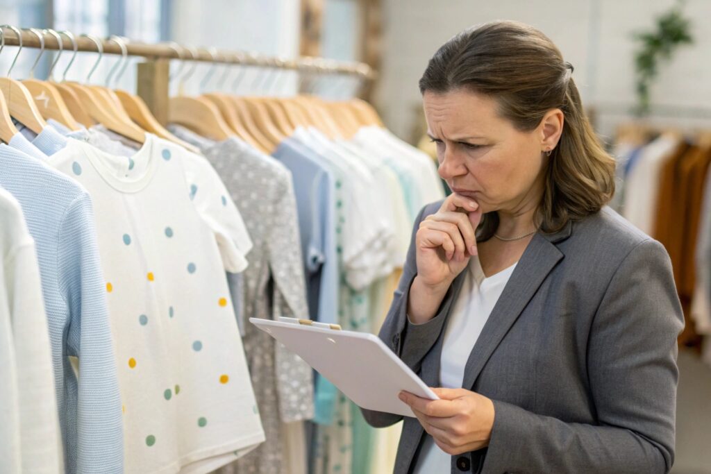 Evaluating kids' wear designs and styles Business owner reviewing children's clothing designs