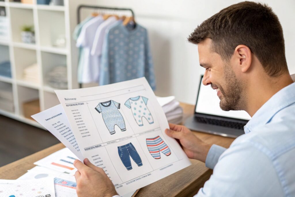 Business owner reviewing children's clothing design