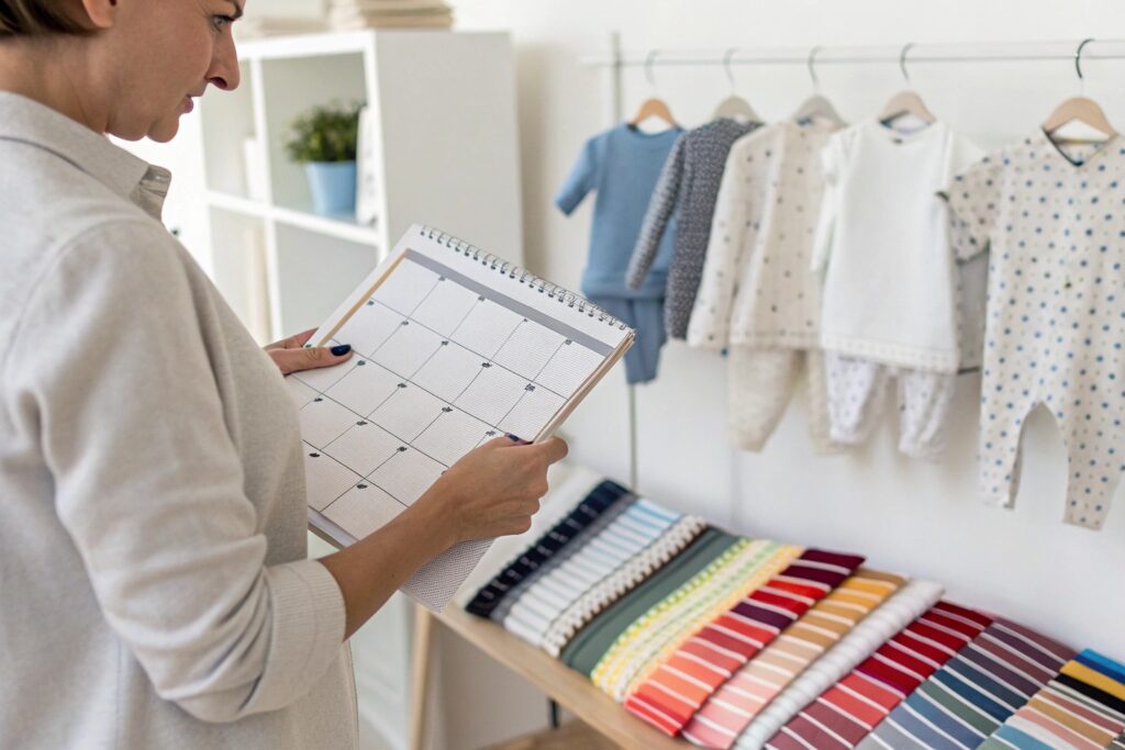 Business owner reviewing production calendar