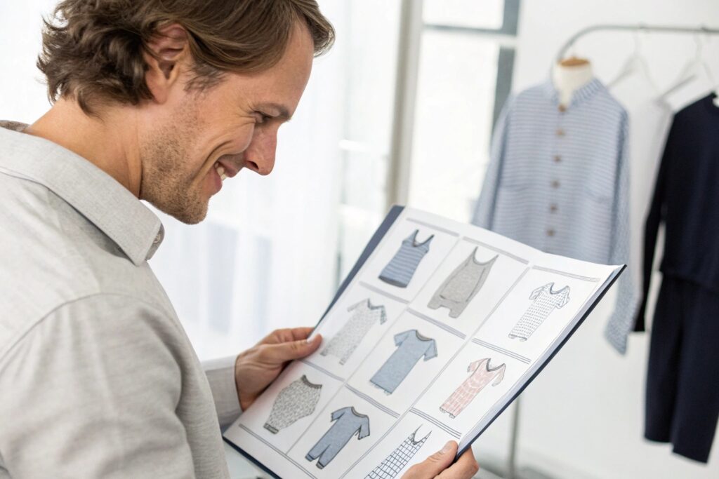 Business owner reviewing a design sheet