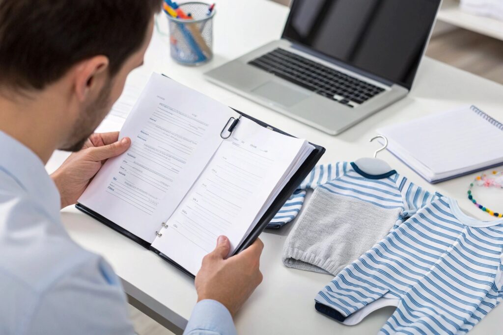 Business owner reviewing a supply chain for children's clothing