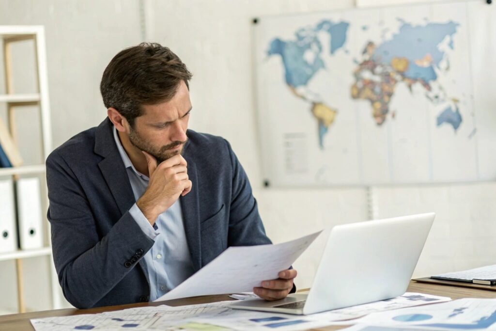Business owner reviewing trade strategy