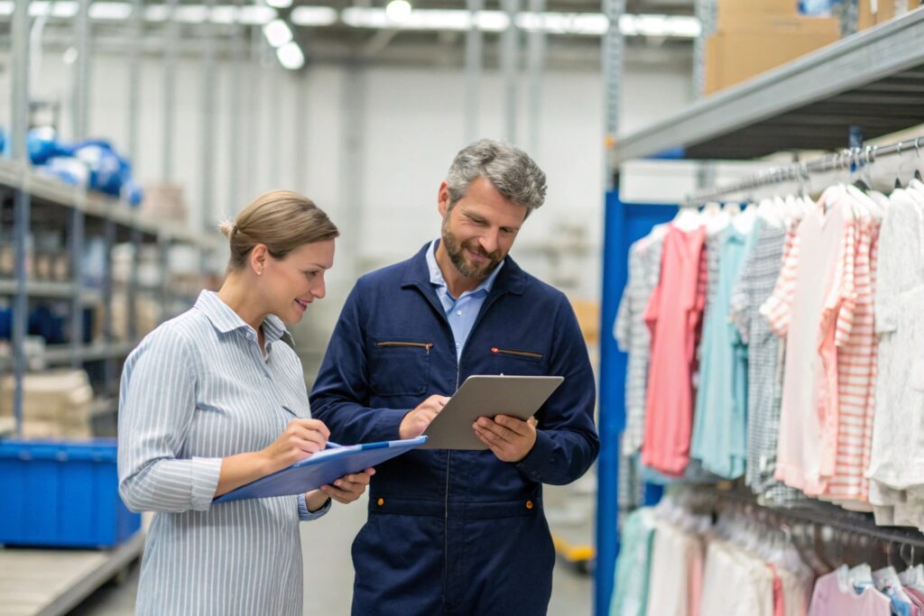 Business owners reviewing inventory in clothing warehouse