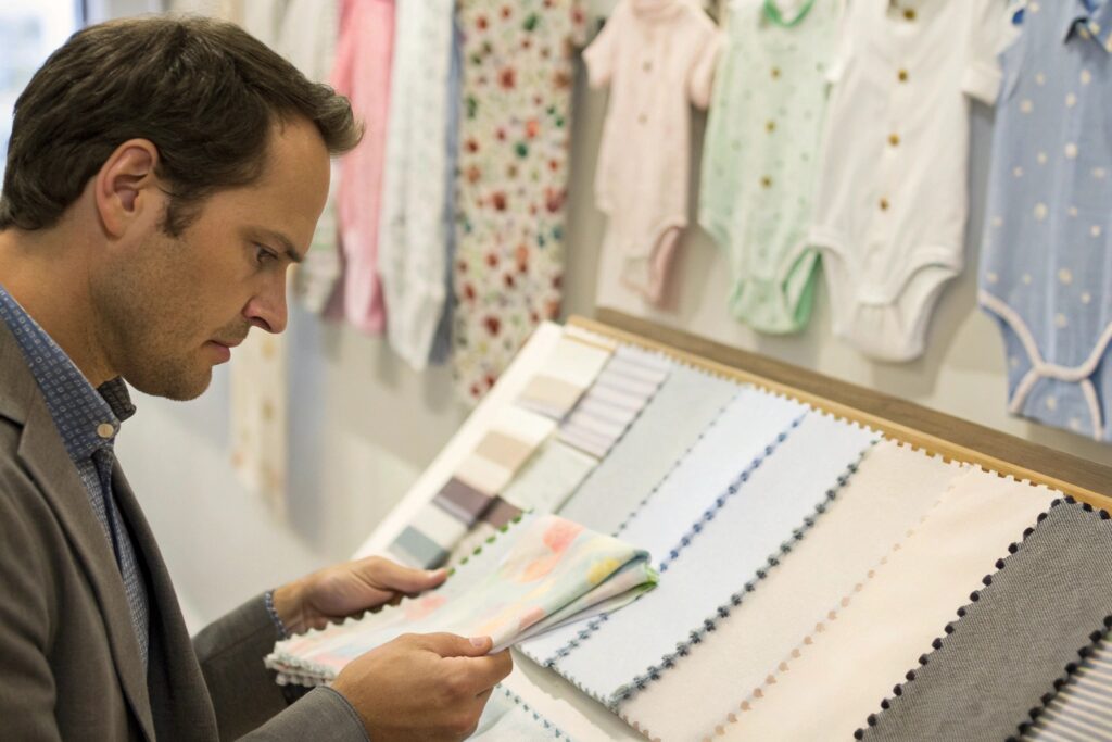 Business owner reviewing fabric swatches for babywear