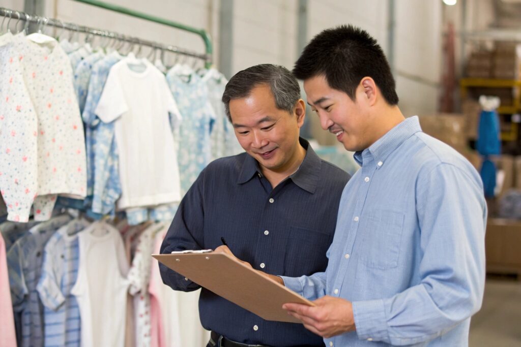 Business owner reviewing bulk order details with a supplier