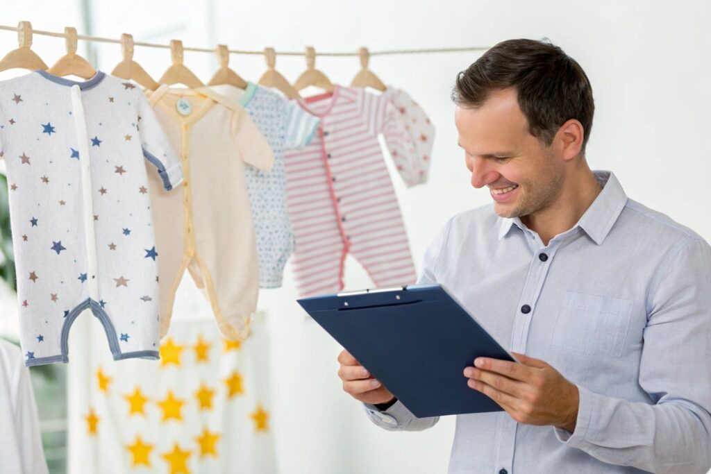Business owner reviewing custom babywear designs