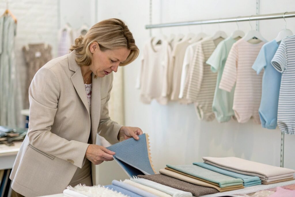 Business owner reviewing fabric samples