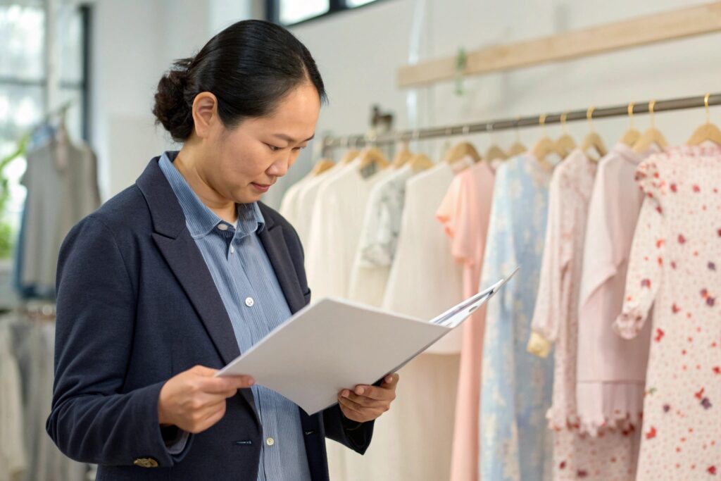 Business owner reviewing children's clothing designs