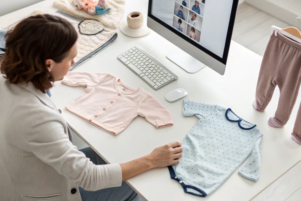 Business owner scheduling or reviewing babywear images