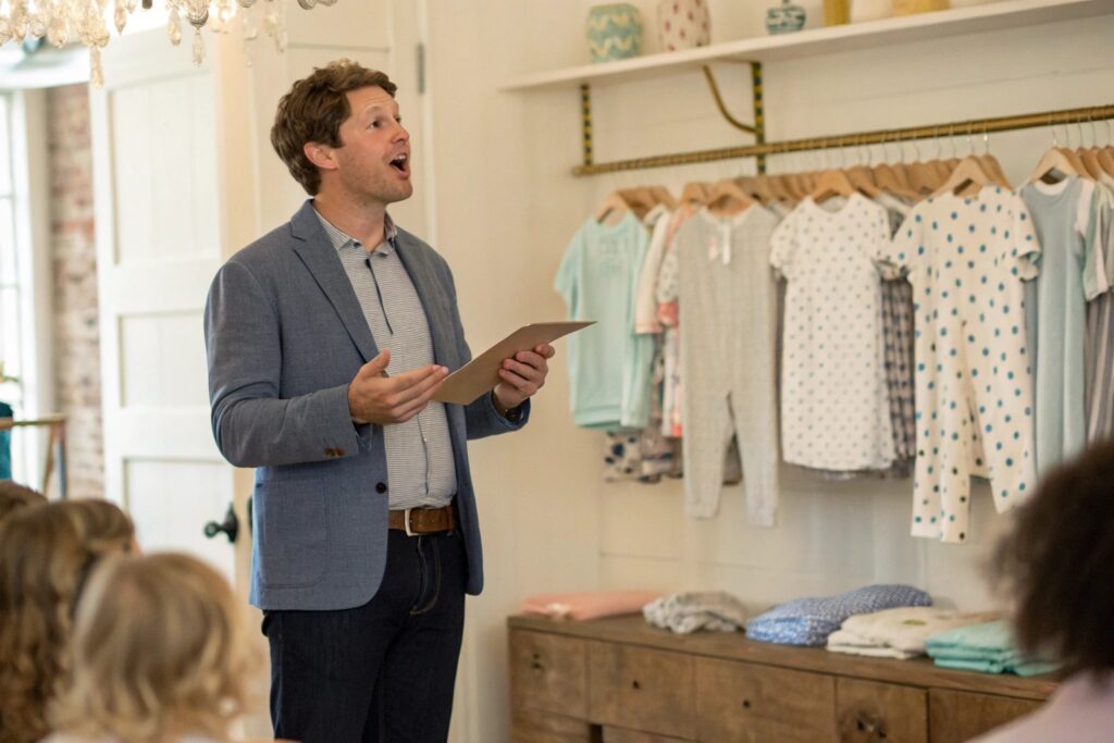 Business owner sharing their vision for the kidswear brand with an audience