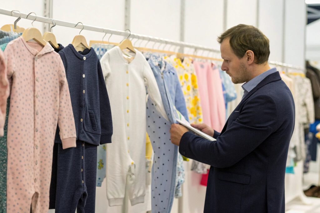 Man inspecting baby clothing at a trade show