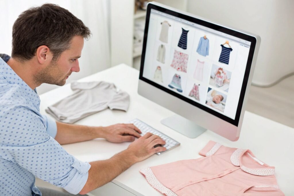 Business owner reviewing online catalog for kids' clothing