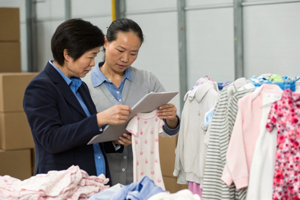 Business owner and colleague inspecting garments